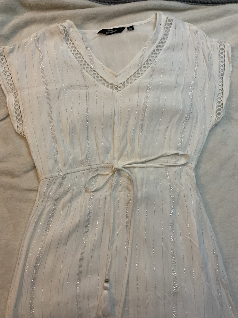 Mlle Gabrielle White Metallic Silver Striped Boho Tunic Dress - Size L